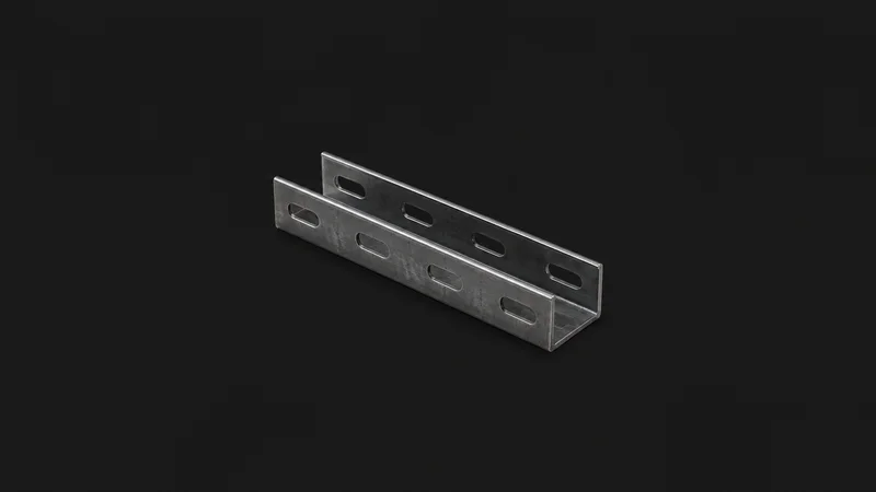 Isolated a fabricated steel channel with punched slot holes centred on a seamless deep charcoal near-black studio background, generous empty margin on every side for overlaid branding