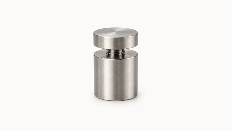 Isolated a brushed stainless-steel standoff fixing set centred on a seamless pale off-white studio background, generous empty margin on every side for overlaid branding