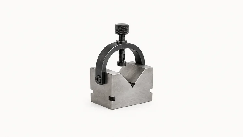 Isolated a ground steel V-block with clamp centred on a seamless pale off-white studio background, generous empty margin on every side for overlaid branding