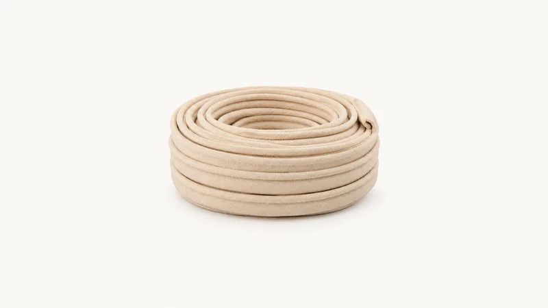 Isolated a coil of piping cord wrapped in calico centred on a seamless pale off-white studio background, generous empty margin on every side for overlaid branding
