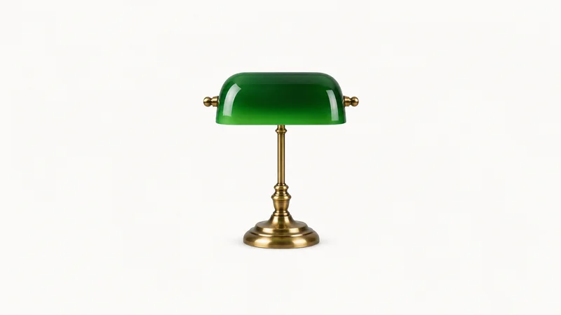 Isolated a green-shade banker's lamp with a brass stem centred on a seamless pale off-white studio background, generous empty margin on every side for overlaid branding