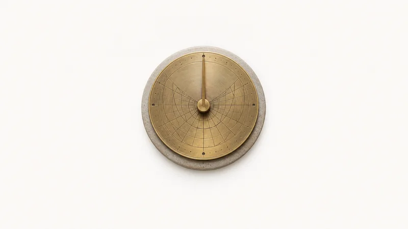 Isolated a plan-view brass sun-path dial on a base centred on a seamless pale off-white studio background, generous empty margin on every side for overlaid branding
