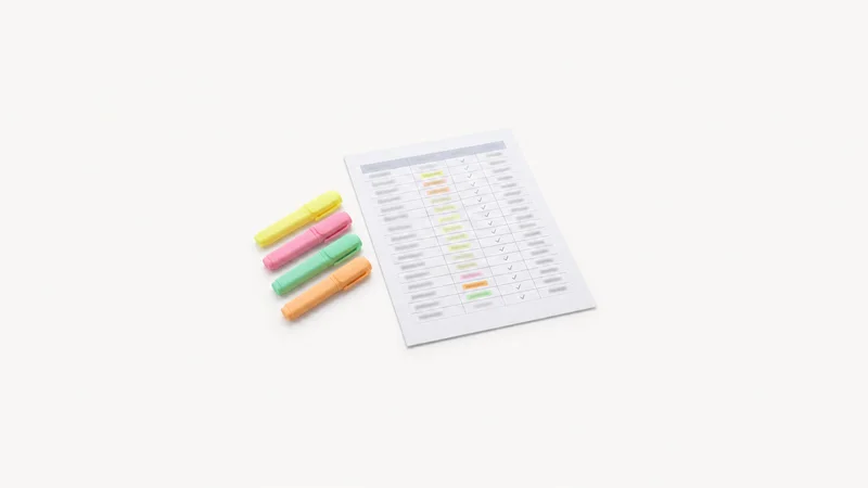 Isolated a highlighter set arranged beside a printed reconciliation sheet centred on a seamless pale off-white studio background, generous empty margin on every side for overlaid branding