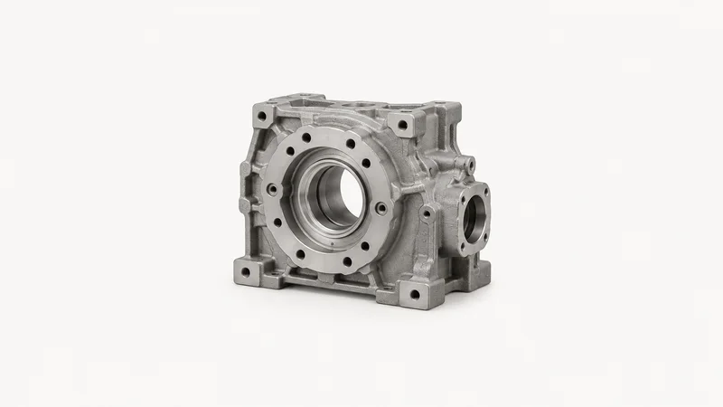Isolated a cast-metal gearbox housing with a machined face centred on a seamless pale off-white studio background, generous empty margin on every side for overlaid branding