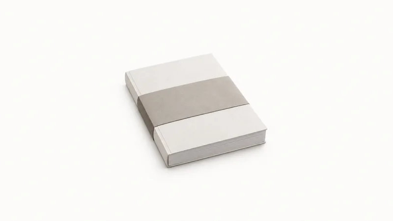 Isolated a bound prospectus with a wraparound cover band centred on a seamless pale off-white studio background, generous empty margin on every side for overlaid branding