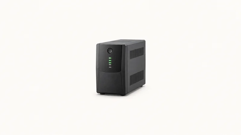 Isolated a compact desktop UPS with a battery indicator centred on a seamless pale off-white studio background, generous empty margin on every side for overlaid branding