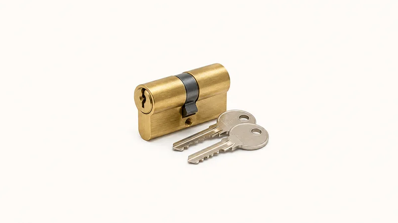 Isolated a brass yale lock cylinder with its two keys centred on a seamless pale off-white studio background, generous empty margin on every side for overlaid branding