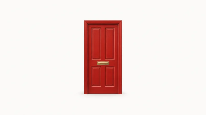 Isolated a red front door miniature with a brass letterbox centred on a seamless pale off-white studio background, generous empty margin on every side for overlaid branding