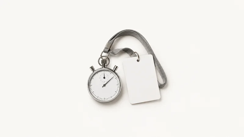 Isolated a stopwatch on a lanyard beside a blank scorecard centred on a seamless pale off-white studio background, generous empty margin on every side for overlaid branding