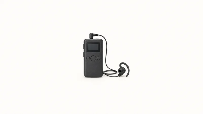 Isolated a portable interpreting receiver with a single earpiece centred on a seamless pale off-white studio background, generous empty margin on every side for overlaid branding