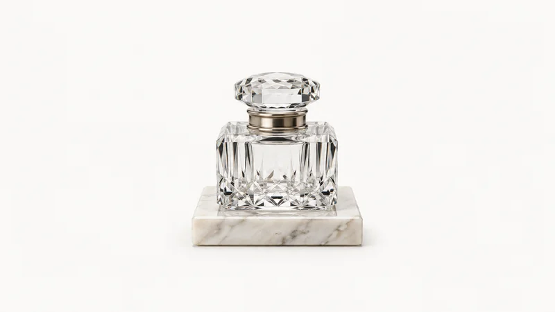 Isolated a fountain-pen inkwell in cut crystal on a marble base centred on a seamless pale off-white studio background, generous empty margin on every side for overlaid branding