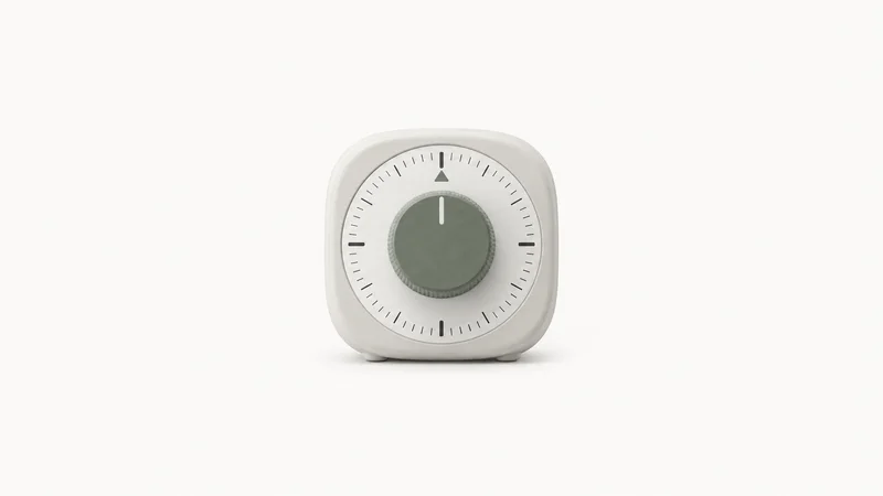 Isolated a small desk timer with a rotating dial for focus sprints centred on a seamless pale off-white studio background, generous empty margin on every side for overlaid branding