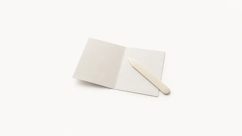 Isolated a bone folder and a scored sheet of card centred on a seamless pale off-white studio background, generous empty margin on every side for overlaid branding