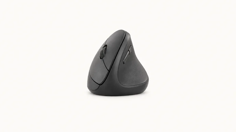 Isolated a compact vertical mouse with a matte finish centred on a seamless pale off-white studio background, generous empty margin on every side for overlaid branding
