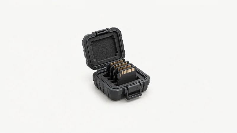Isolated a stack of professional memory cards in a rugged case centred on a seamless pale off-white studio background, generous empty margin on every side for overlaid branding