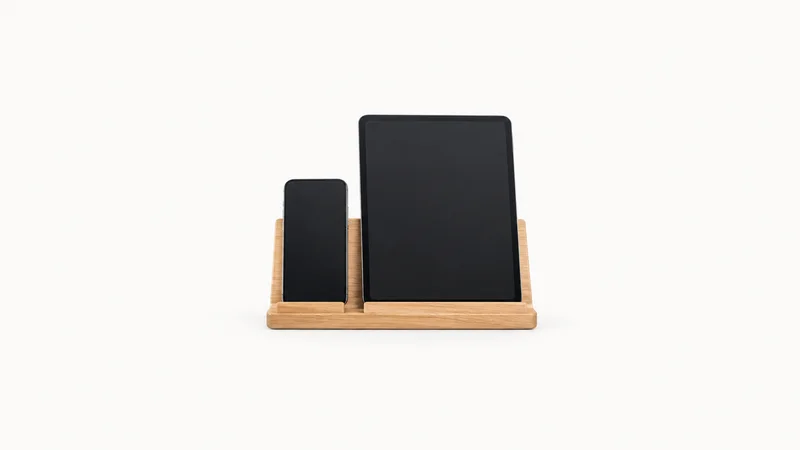 Isolated a wooden phone and tablet display stand with no screen content centred on a seamless pale off-white studio background, generous empty margin on every side for overlaid branding