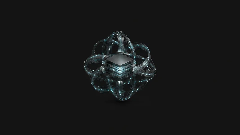 Abstract an intertwined lattice of glowing transaction streams converging on a ledger node motif centred on a seamless deep charcoal near-black studio background, generous empty margin for overlaid branding