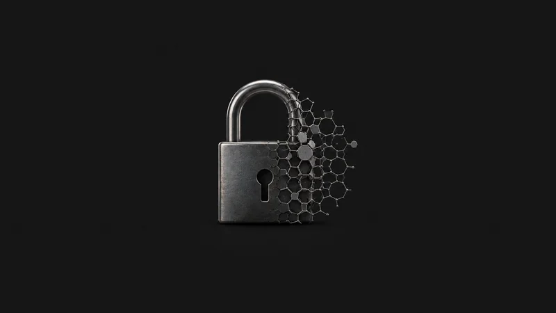Abstract a padlock geometry dissolving into a hexagonal mesh motif centred on a seamless deep charcoal near-black studio background, generous empty margin for overlaid branding