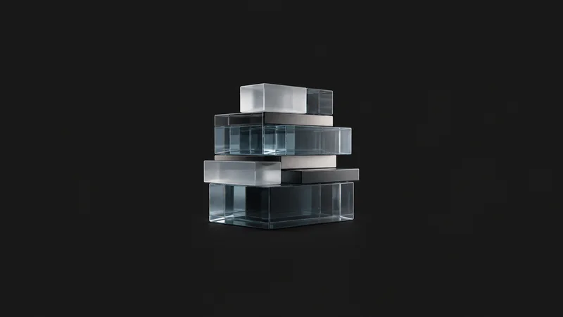 Abstract stacked translucent container-block layers motif centred on a seamless deep charcoal near-black studio background, generous empty margin for overlaid branding