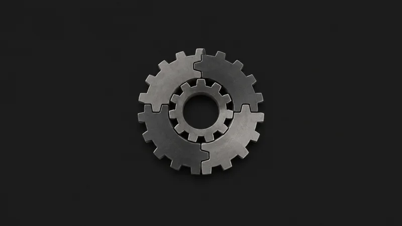 Abstract interlocking gear-like modules forming a flat circular workflow motif centred on a seamless deep charcoal near-black studio background, generous empty margin for overlaid branding