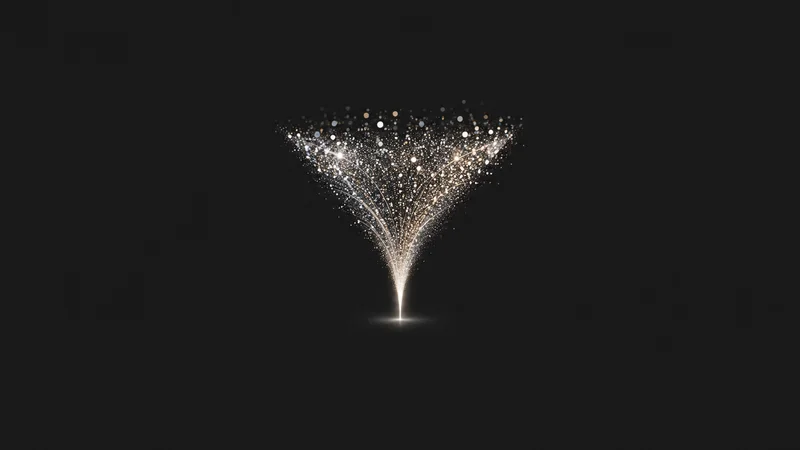Abstract a funnel of light-particles narrowing into a single beam motif centred on a seamless deep charcoal near-black studio background, generous empty margin for overlaid branding