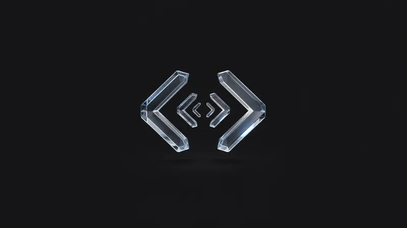Abstract nested angle brackets of glowing glass receding into depth motif centred on a seamless deep charcoal near-black studio background, generous empty margin for overlaid branding