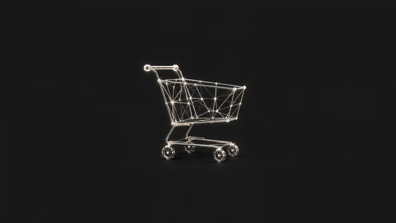 Abstract a shopping-cart geometry built from glowing wireframe lines motif centred on a seamless deep charcoal near-black studio background, generous empty margin for overlaid branding