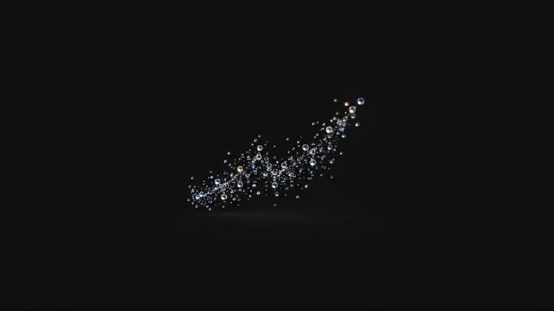 Abstract a floating cloud of glowing scatter points forming a rising trend motif centred on a seamless deep charcoal near-black studio background, generous empty margin for overlaid branding