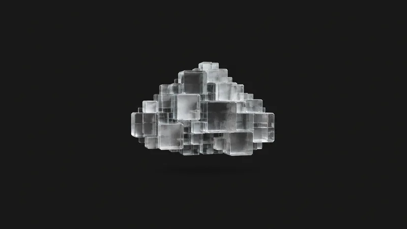 Abstract a floating cloud form built from stacked translucent cubes motif centred on a seamless deep charcoal near-black studio background, generous empty margin for overlaid branding