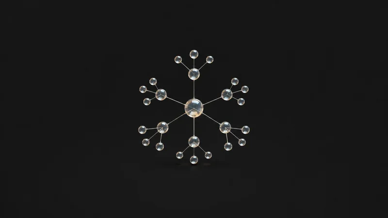 Abstract an org-chart lattice of translucent nodes fanning out from a single point motif centred on a seamless deep charcoal near-black studio background, generous empty margin for overlaid branding