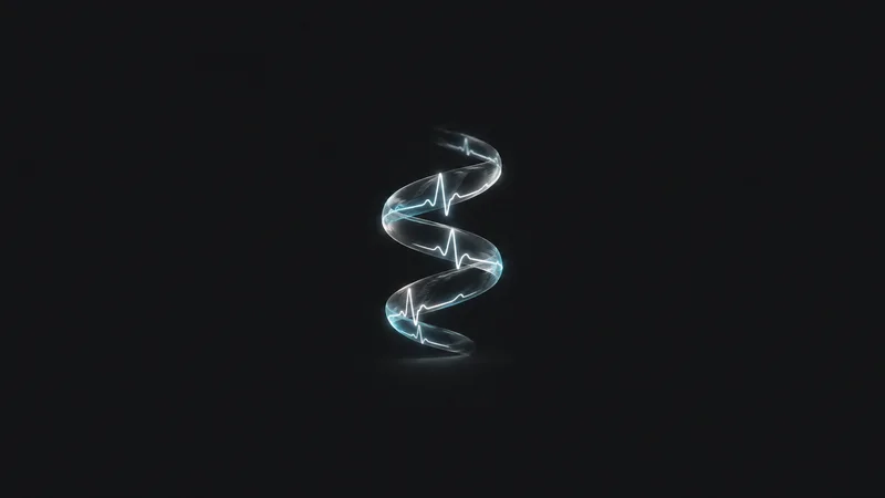 Abstract a heartbeat trace of light folded into a helix motif centred on a seamless deep charcoal near-black studio background, generous empty margin for overlaid branding