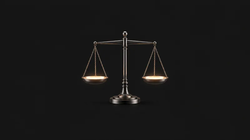 Abstract a balanced scale of light with glowing pans held in perfect symmetry motif centred on a seamless deep charcoal near-black studio background, generous empty margin for overlaid branding