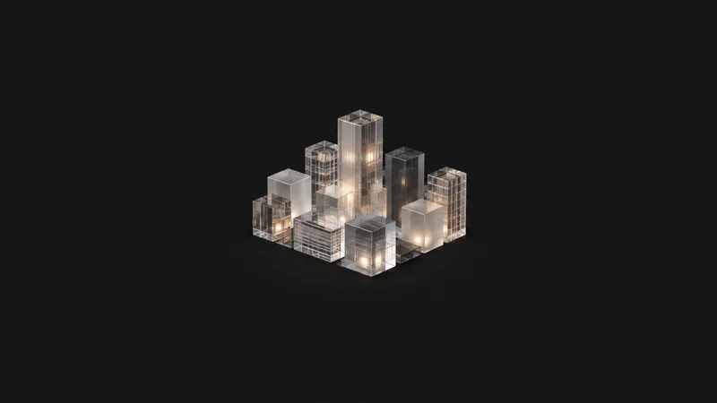 Abstract an isometric grid of translucent building blocks lit from within motif centred on a seamless deep charcoal near-black studio background, generous empty margin for overlaid branding