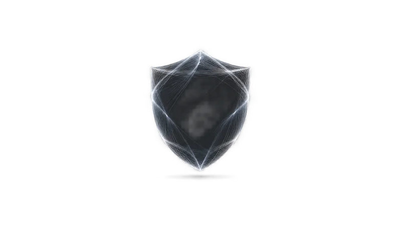 Abstract a translucent shield outline formed from converging lines of light motif centred on a seamless deep charcoal near-black studio background, generous empty margin for overlaid branding