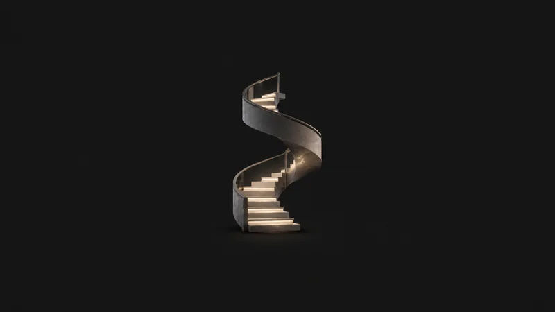 Abstract a spiral staircase of glowing steps ascending into darkness motif centred on a seamless deep charcoal near-black studio background, generous empty margin for overlaid branding