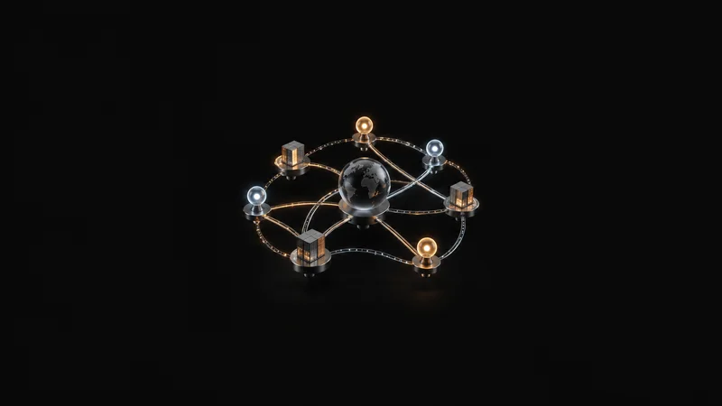 Abstract a route map of glowing supply-chain links motif centred on a seamless deep charcoal near-black studio background, generous empty margin for overlaid branding