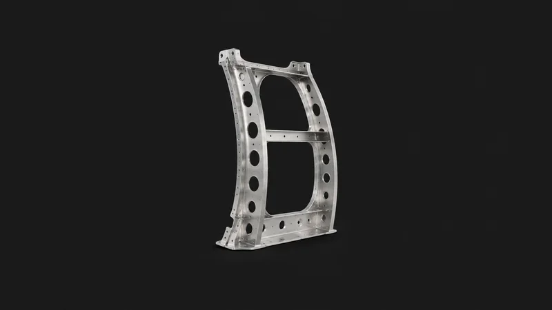 Isolated a machined aluminium fuselage frame segment with lightening holes centred on a seamless deep charcoal near-black studio background, generous empty margin on every side for overlaid branding