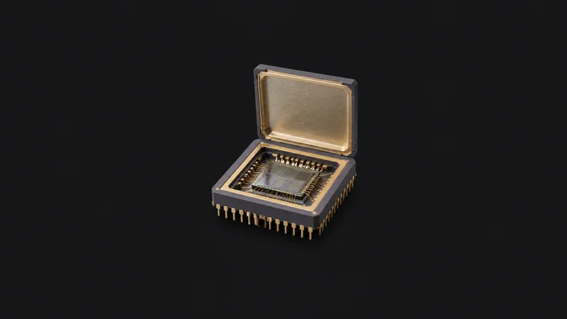 Isolated a ceramic chip package with an exposed lid centred on a seamless deep charcoal near-black studio background, generous empty margin on every side for overlaid branding
