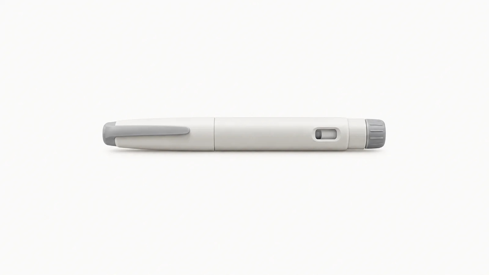 Isolated a disposable insulin pen injector body without markings centred on a seamless pale off-white studio background, generous empty margin on every side for overlaid branding