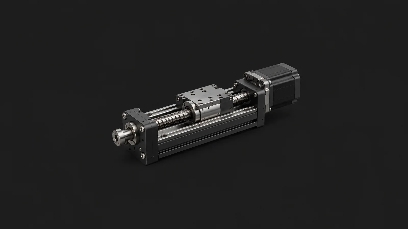 Isolated a linear actuator with a ball-screw drive centred on a seamless deep charcoal near-black studio background, generous empty margin on every side for overlaid branding