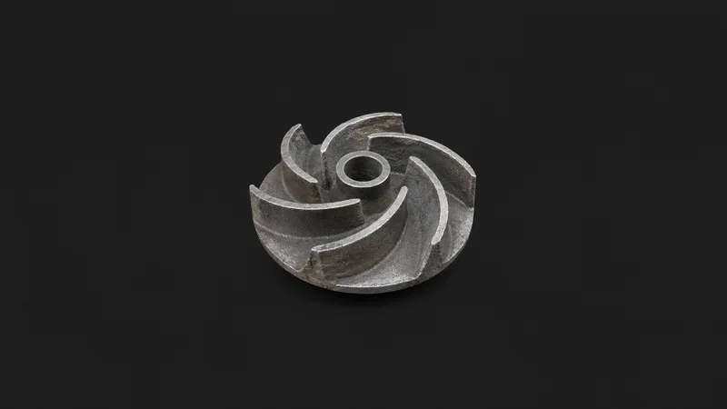 Isolated a cast aluminium impeller with unmachined surfaces centred on a seamless deep charcoal near-black studio background, generous empty margin on every side for overlaid branding