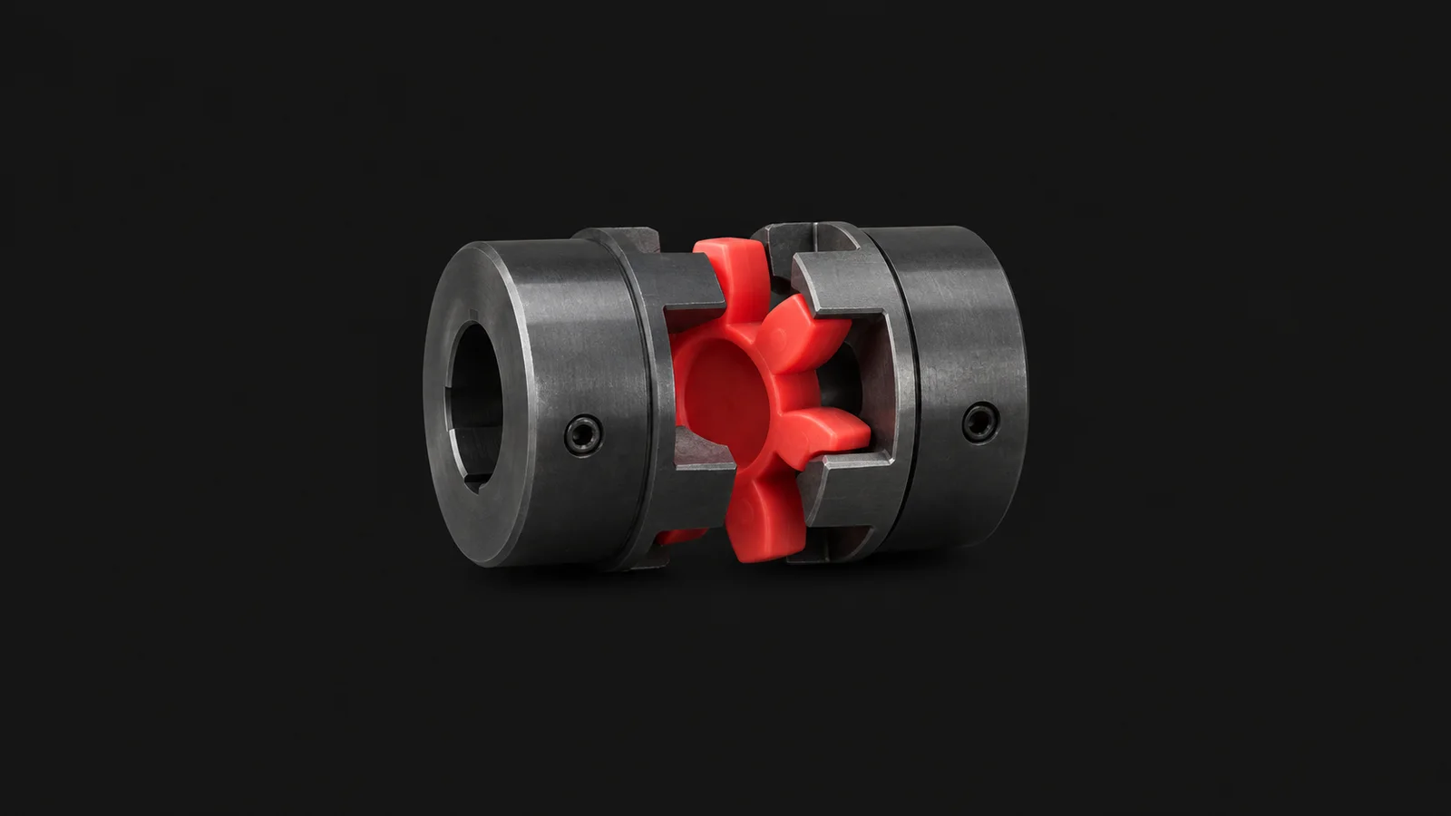 Isolated a flexible jaw coupling with a rubber spider centred on a seamless deep charcoal near-black studio background, generous empty margin on every side for overlaid branding