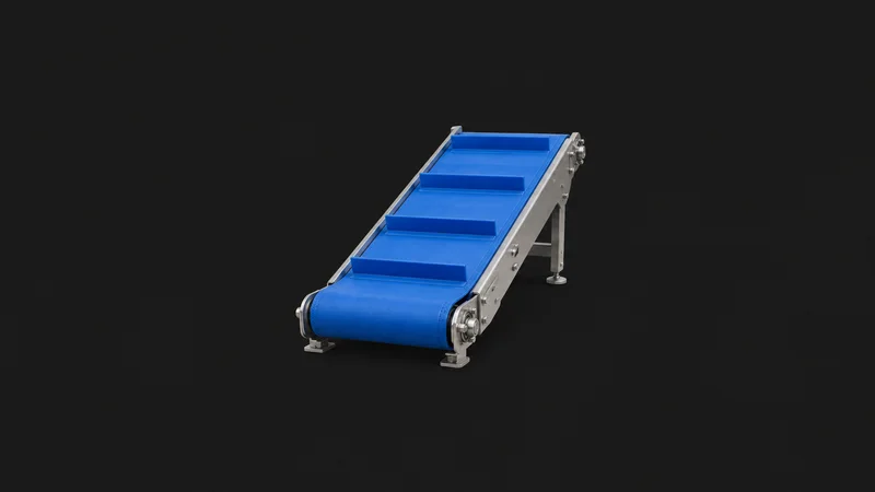 Isolated a blue food-grade conveyor belt section with cleats centred on a seamless deep charcoal near-black studio background, generous empty margin on every side for overlaid branding