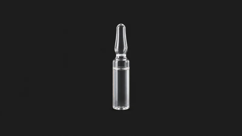 Isolated a sterile glass ampoule with a scored neck centred on a seamless deep charcoal near-black studio background, generous empty margin on every side for overlaid branding