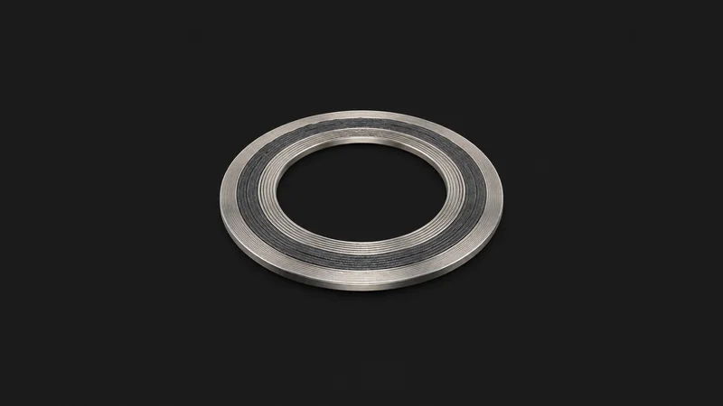 Isolated a pipe-flange gasket in spiral-wound steel centred on a seamless deep charcoal near-black studio background, generous empty margin on every side for overlaid branding