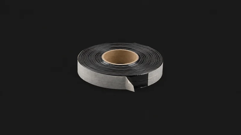 Isolated a strip of vacuum-bag sealant tape on a backing reel centred on a seamless deep charcoal near-black studio background, generous empty margin on every side for overlaid branding