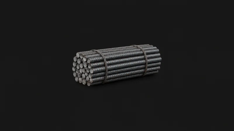 Isolated a bundle of steel rebar cut to length centred on a seamless deep charcoal near-black studio background, generous empty margin on every side for overlaid branding