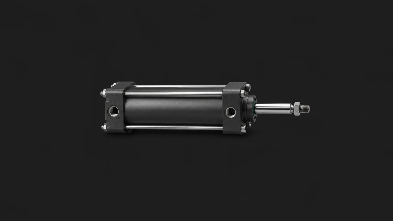 Isolated a pneumatic cylinder with a chrome rod centred on a seamless deep charcoal near-black studio background, generous empty margin on every side for overlaid branding