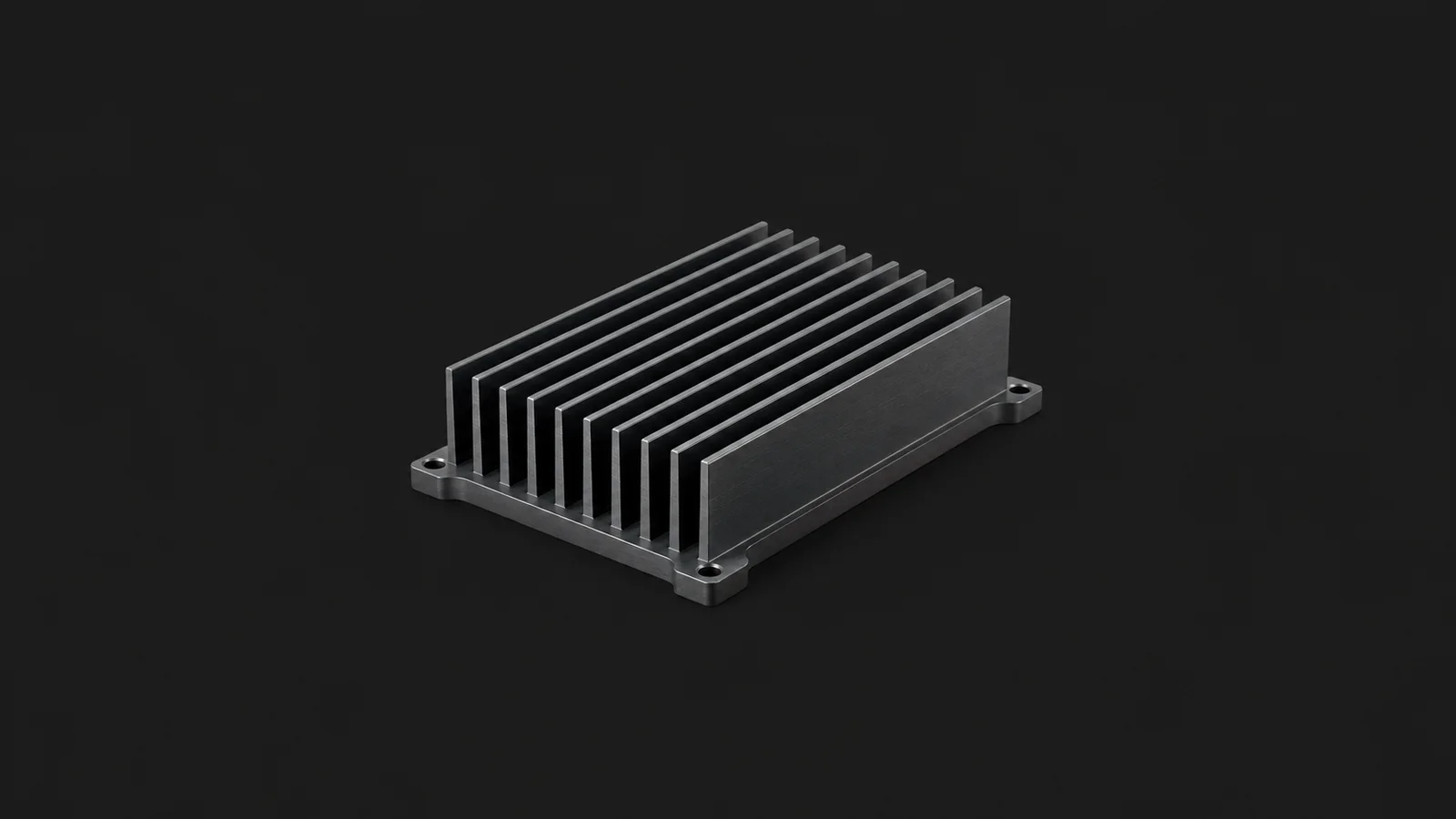 Isolated a machined heat sink with fine parallel fins centred on a seamless deep charcoal near-black studio background, generous empty margin on every side for overlaid branding