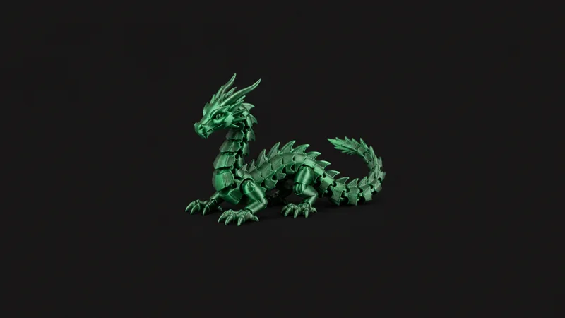 Isolated a print-in-place articulated dragon model in metallic green filament centred on a seamless deep charcoal near-black studio background, generous empty margin on every side for overlaid branding